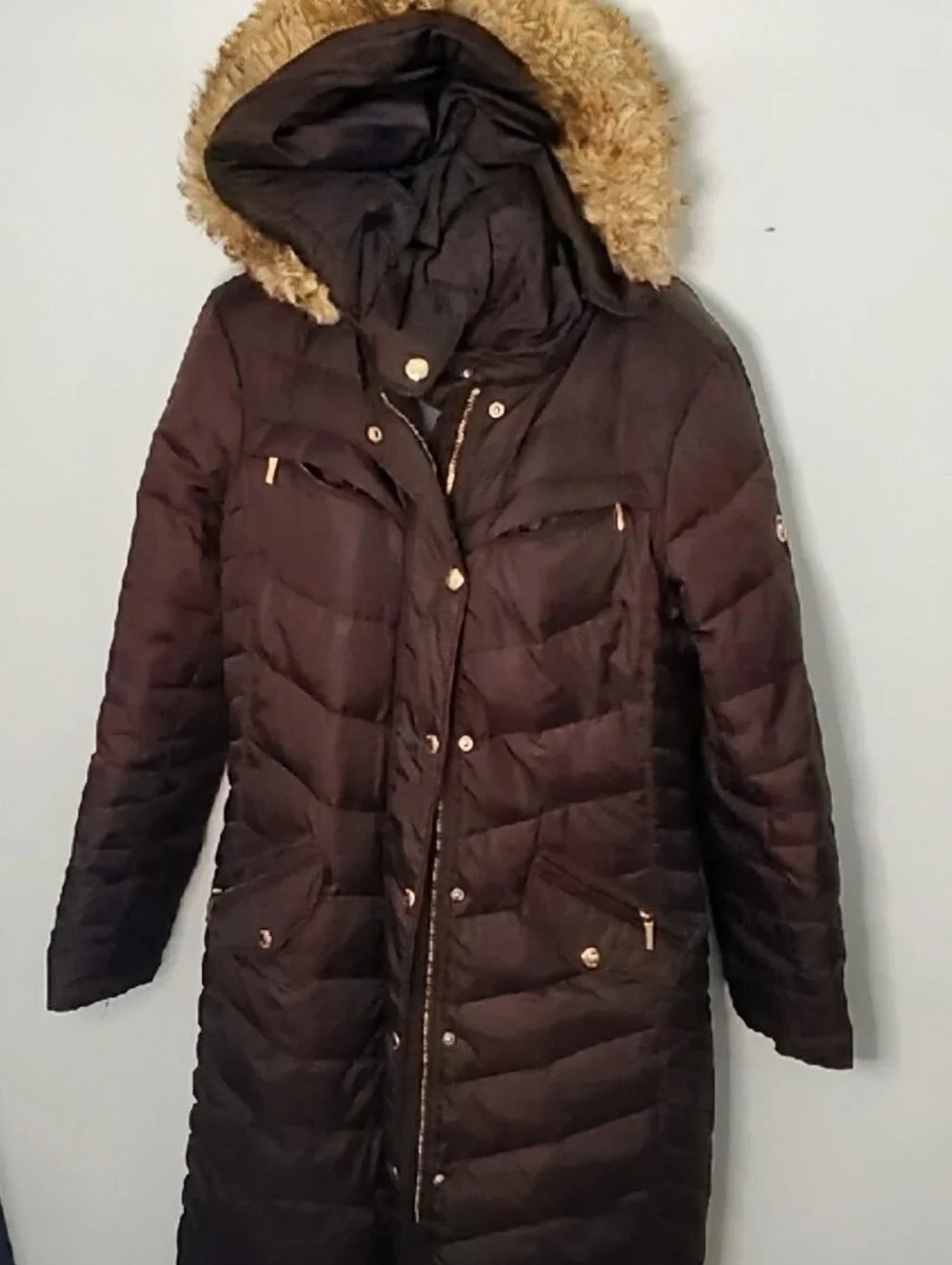 Michael Kors Chocolate Puffer Coat with Faux Fur Trim Size Medium